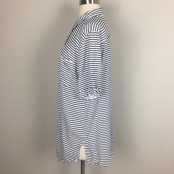 Chico's Navy  White Stripe Button Front Short Sleeve Top 2 - Picture 3 of 6